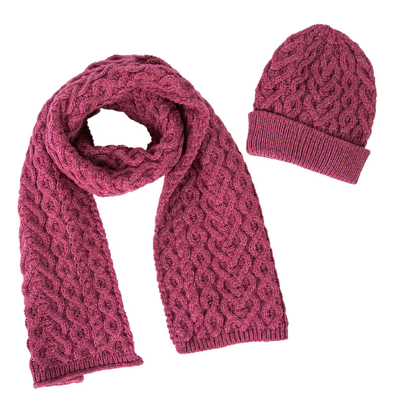 100% Super Soft Merino Wool Heart Designed Hat Scarf Set, Magenta Colour
